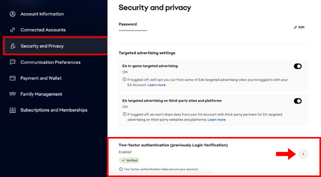 EA account, Security tab